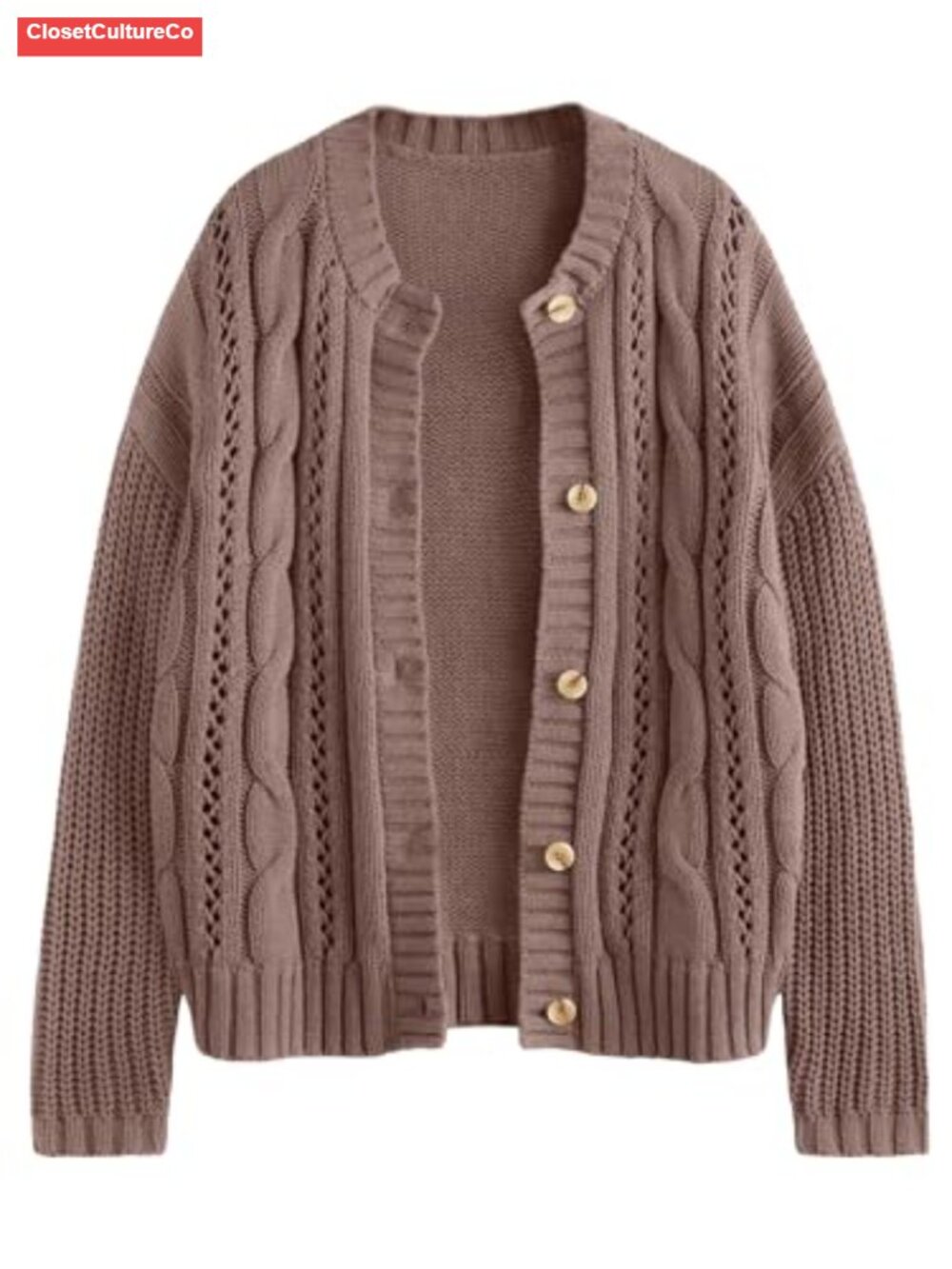 Cable Knit Button Up Cardigan Long Sleeve Eyelet Chunky Sweater